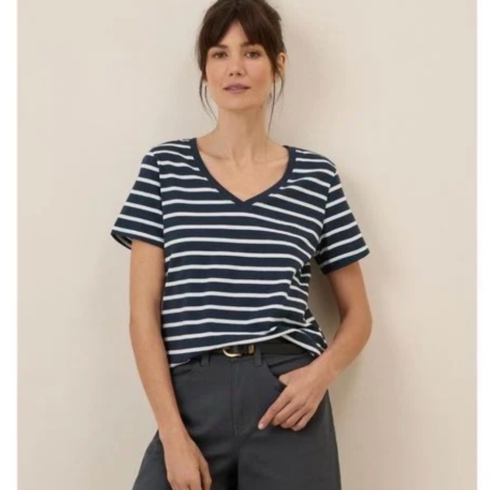 Pact Softspun V-Neck Tee Navy Blue Stripes Size Medium